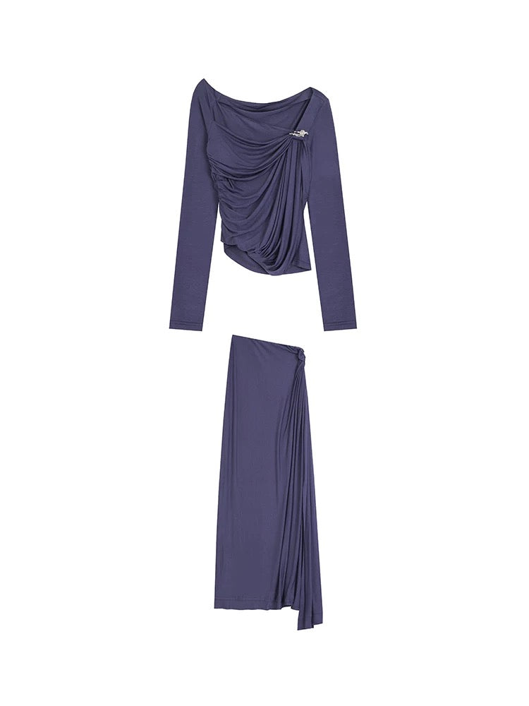 Minimal Workwear Slim Long Sleeve Pullover Blue Purple Maxi Skirt Knit Top