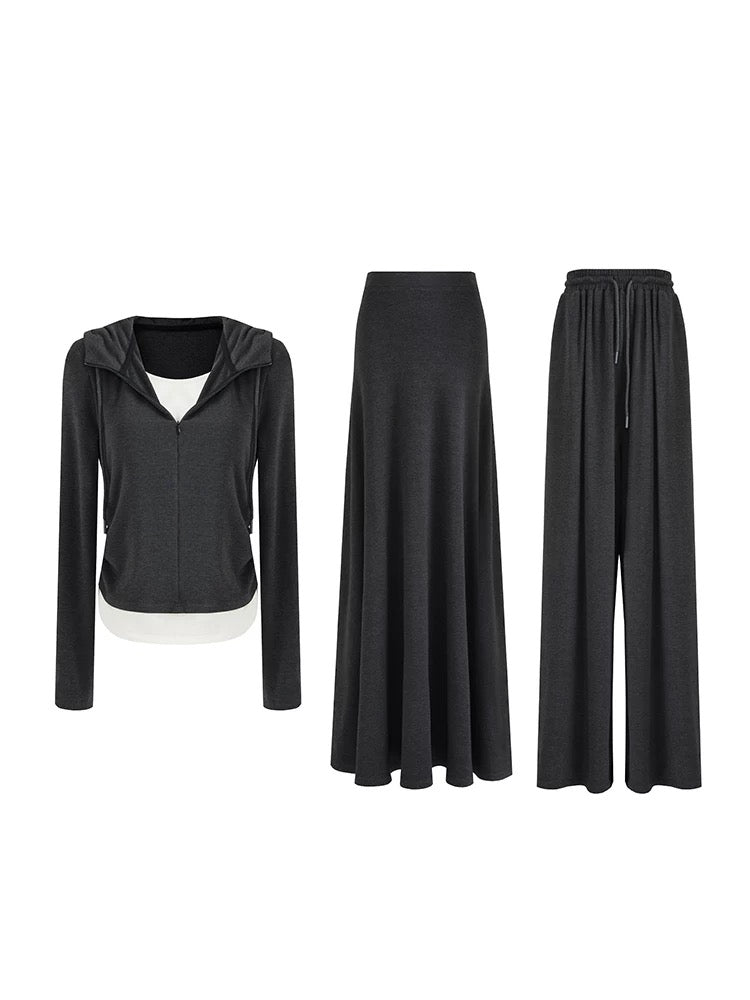 Zip Hooded Two Piece Dark Gray Loose Fit Women Viscose Hoodies