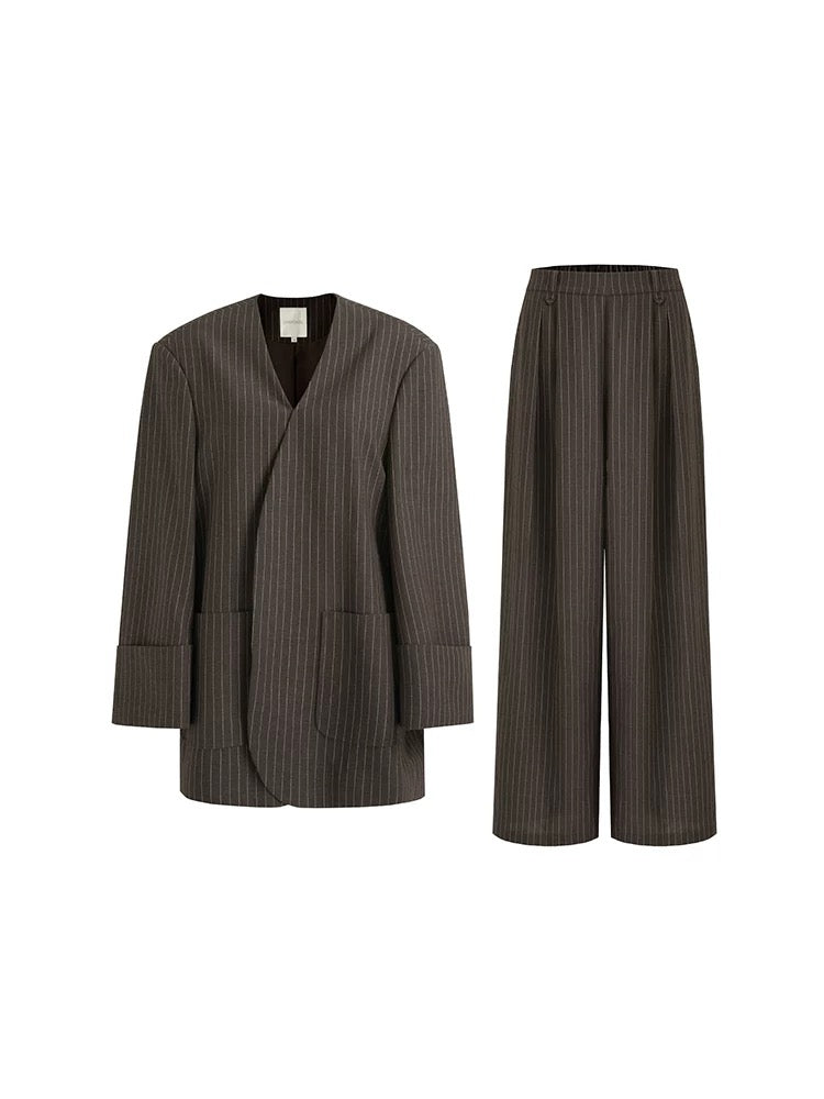 Minimalist Two Piece Brown Tailored V Neck Long Sleeve Women Polyester Blazer