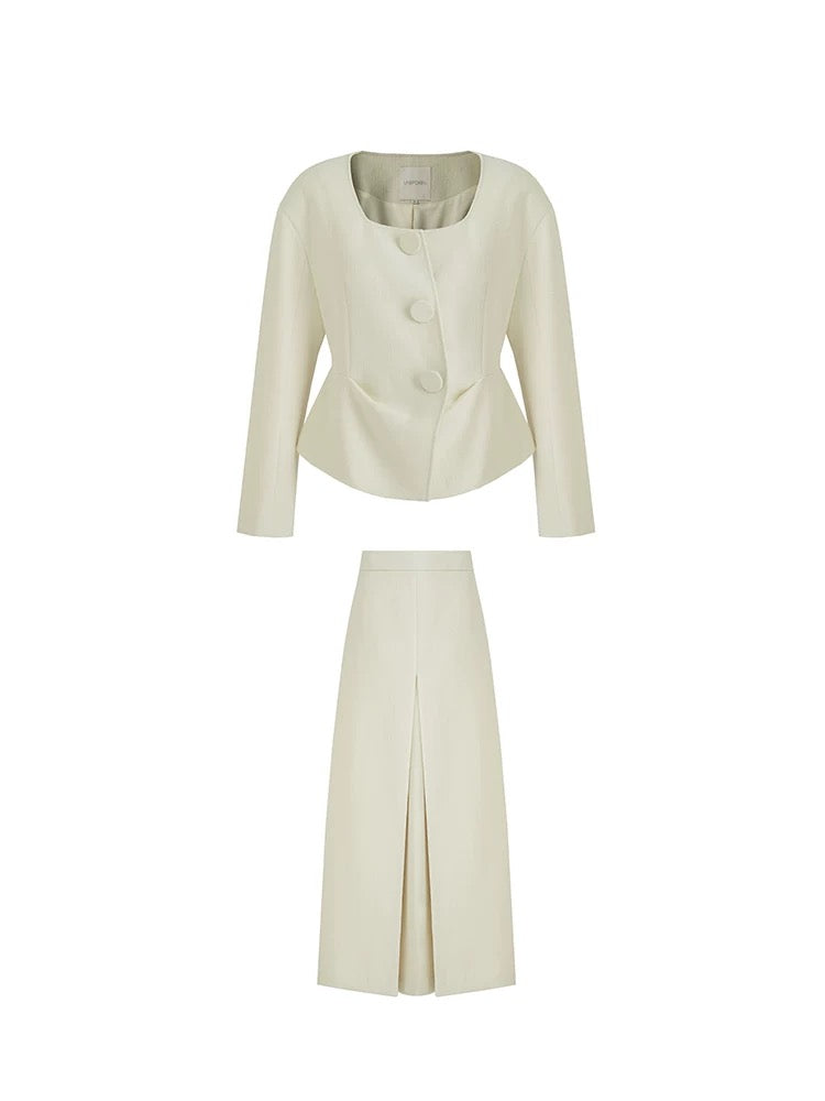 Soft Polyester Wool Blend Slim Fit Button Front Long Sleeve Office Ivory Blouse