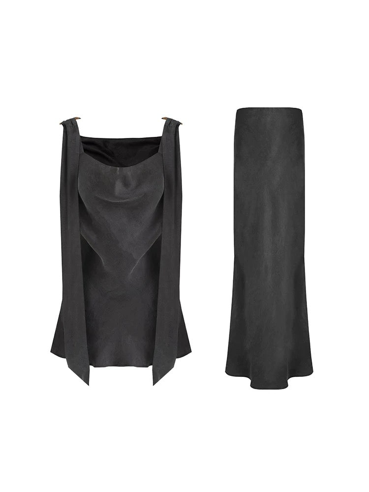 Recycled Viscose Slim Fit Button Office Women Dark Gray Solid Maxi Skirt