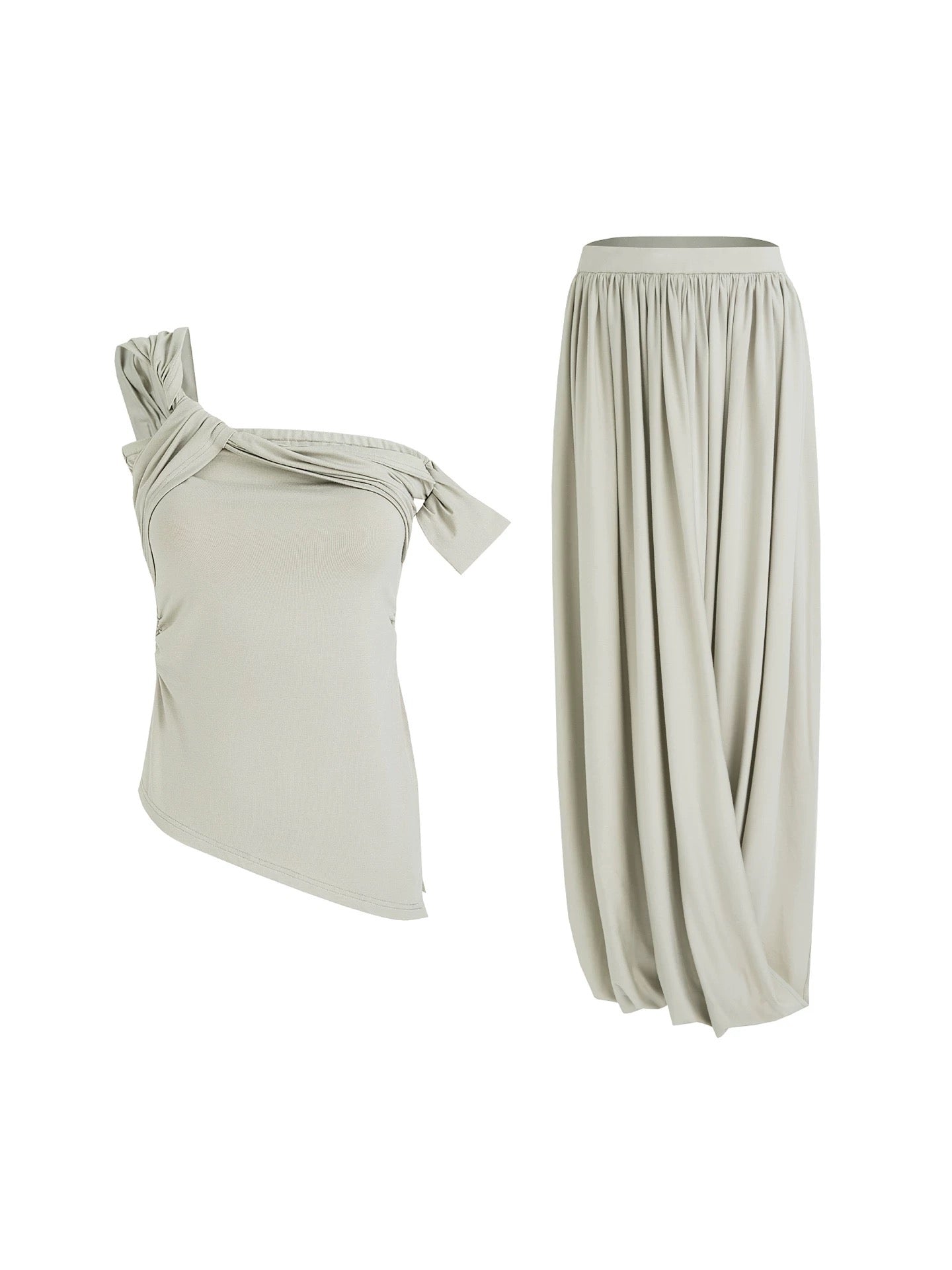 Minimalist Rayon Two Piece Tank Top And Light Gray Green Women Casual Maxi Skirt