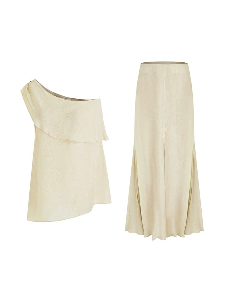 Beige Minimalist 100 Percent Viscose Two Piece Pullover Set Women Maxi Skirt