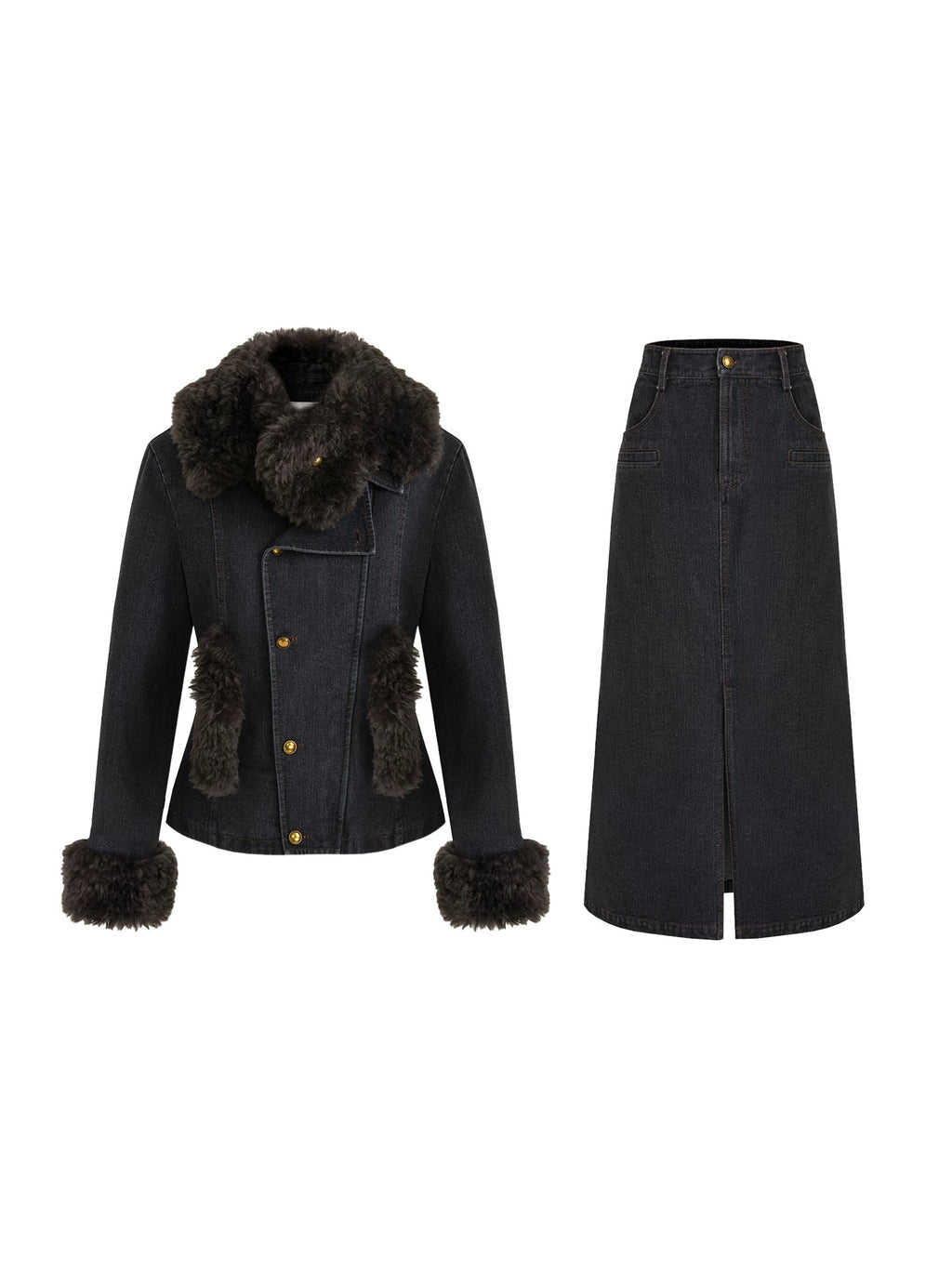 Warm Slim Fit Long Sleeve Button Front Women Washed Black Solid Color Jacket