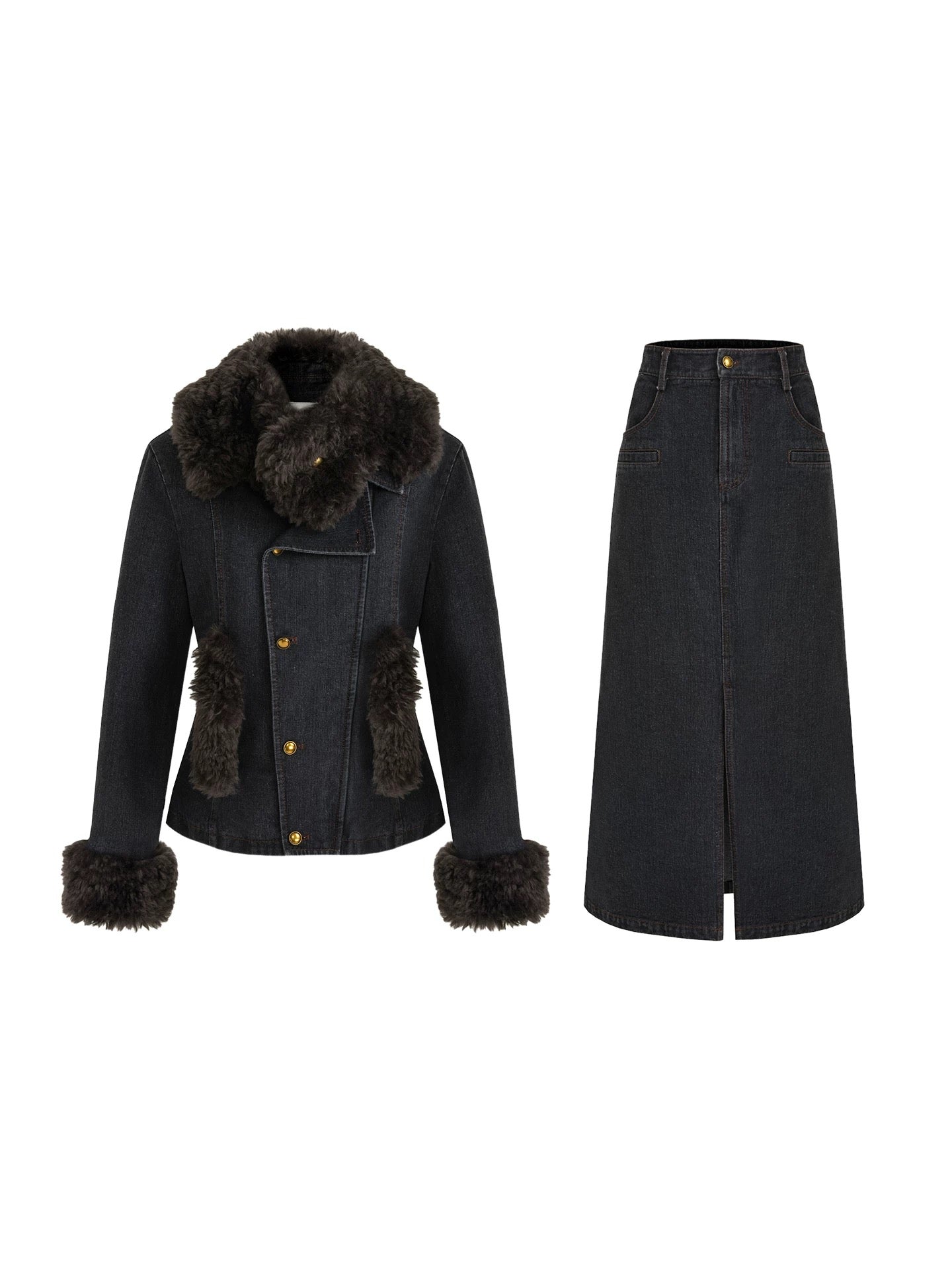 Warm Slim Fit Long Sleeve Button Front Women Washed Black Solid Color Jacket