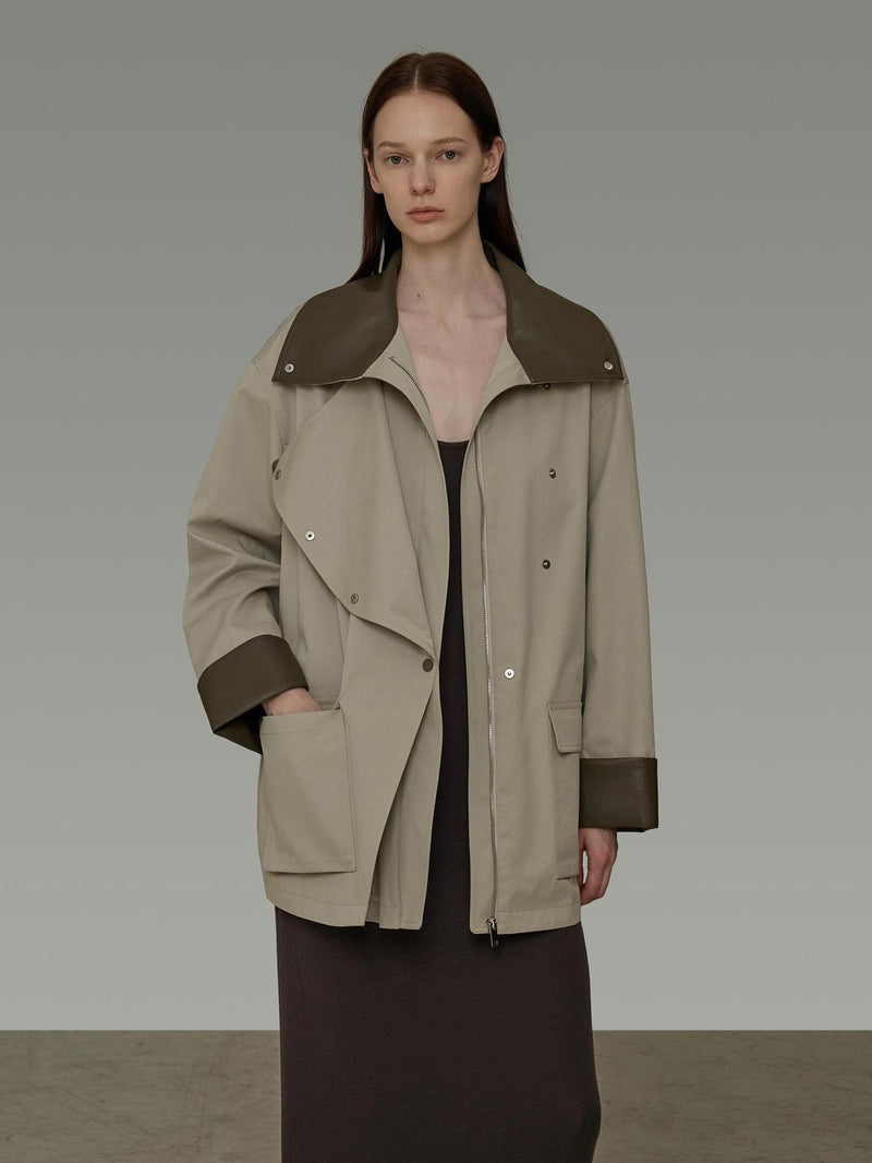 UNSPOKEN 100 Cotton Loose Fit Mid Length Single Breasted Commuter Khaki Green Jacket