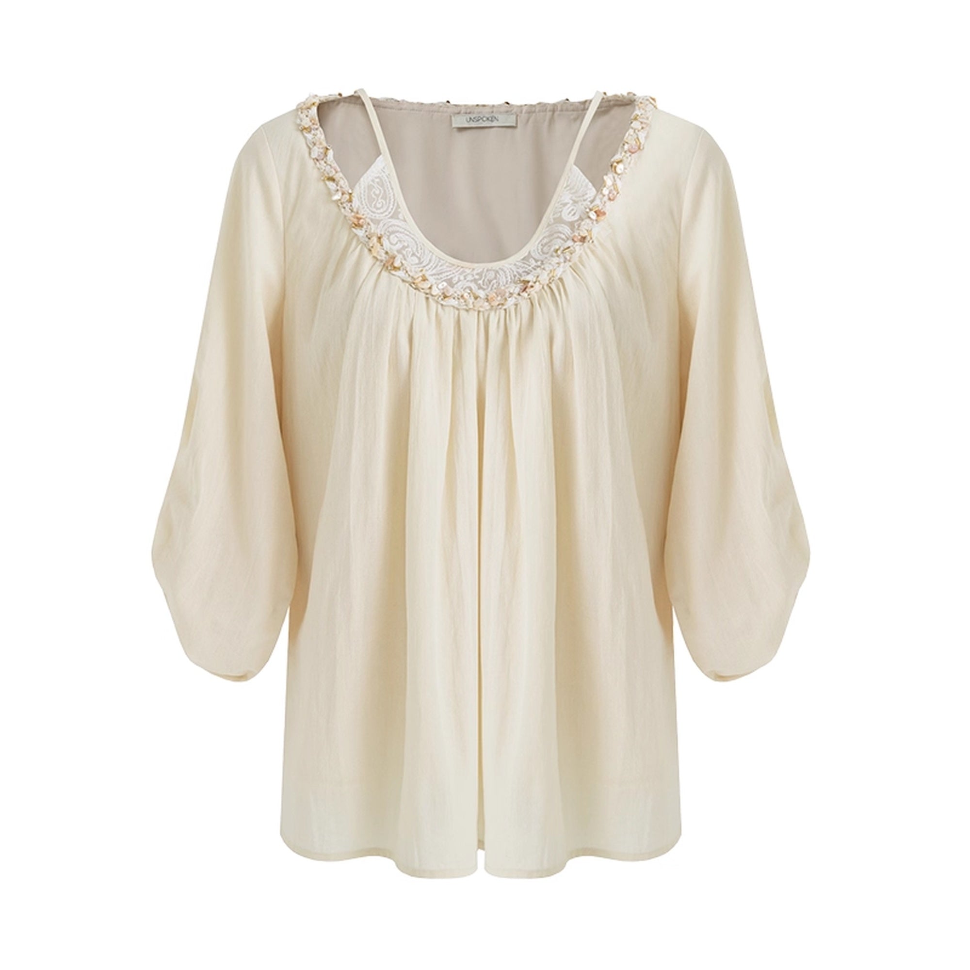 UNSPOKEN_100%_Cotton_Non_Deforming_Loose_Round_Neck_Elbow_Sleeve_Women_Beige_Blouse_MISSTT