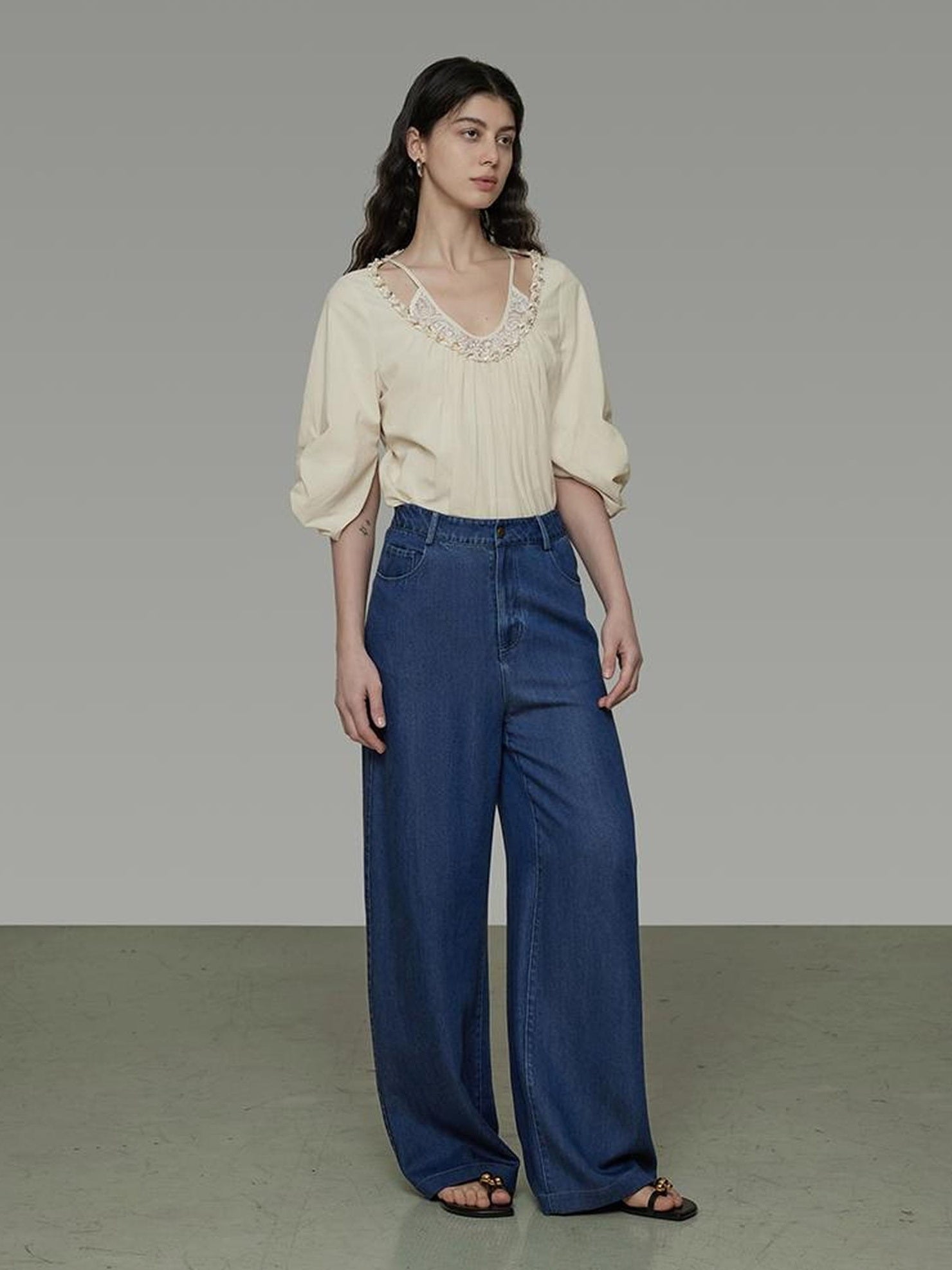 UNSPOKEN 100% Cotton Non Deforming Loose Round Neck Elbow Sleeve Women Beige Blouse