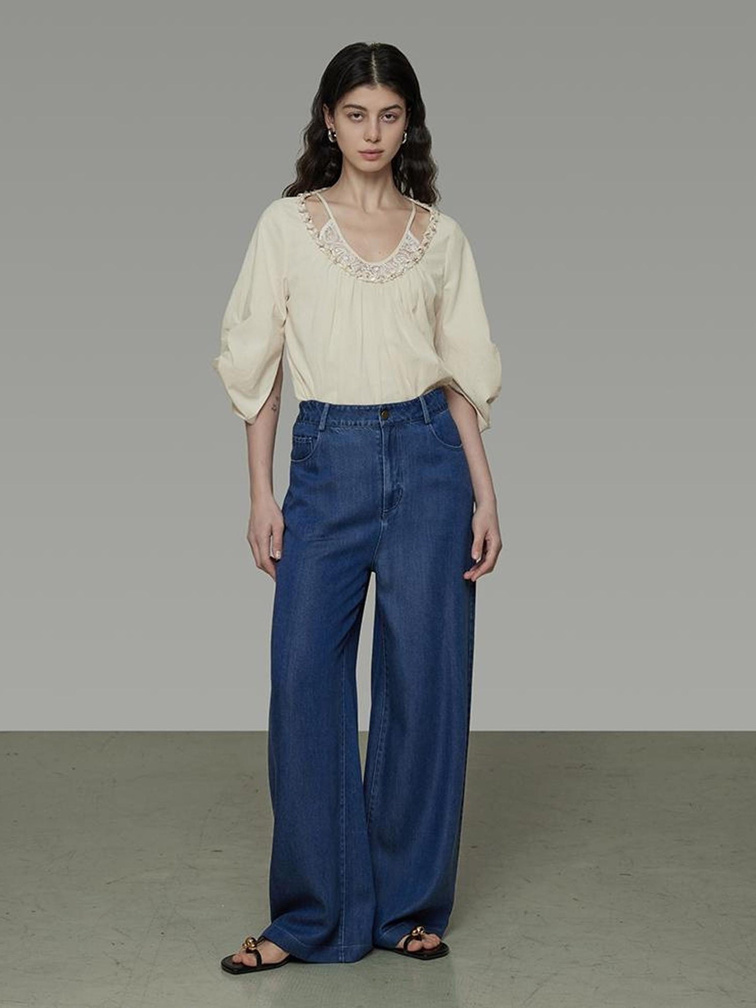 UNSPOKEN 100% Cotton Non Deforming Loose Round Neck Elbow Sleeve Women Beige Blouse