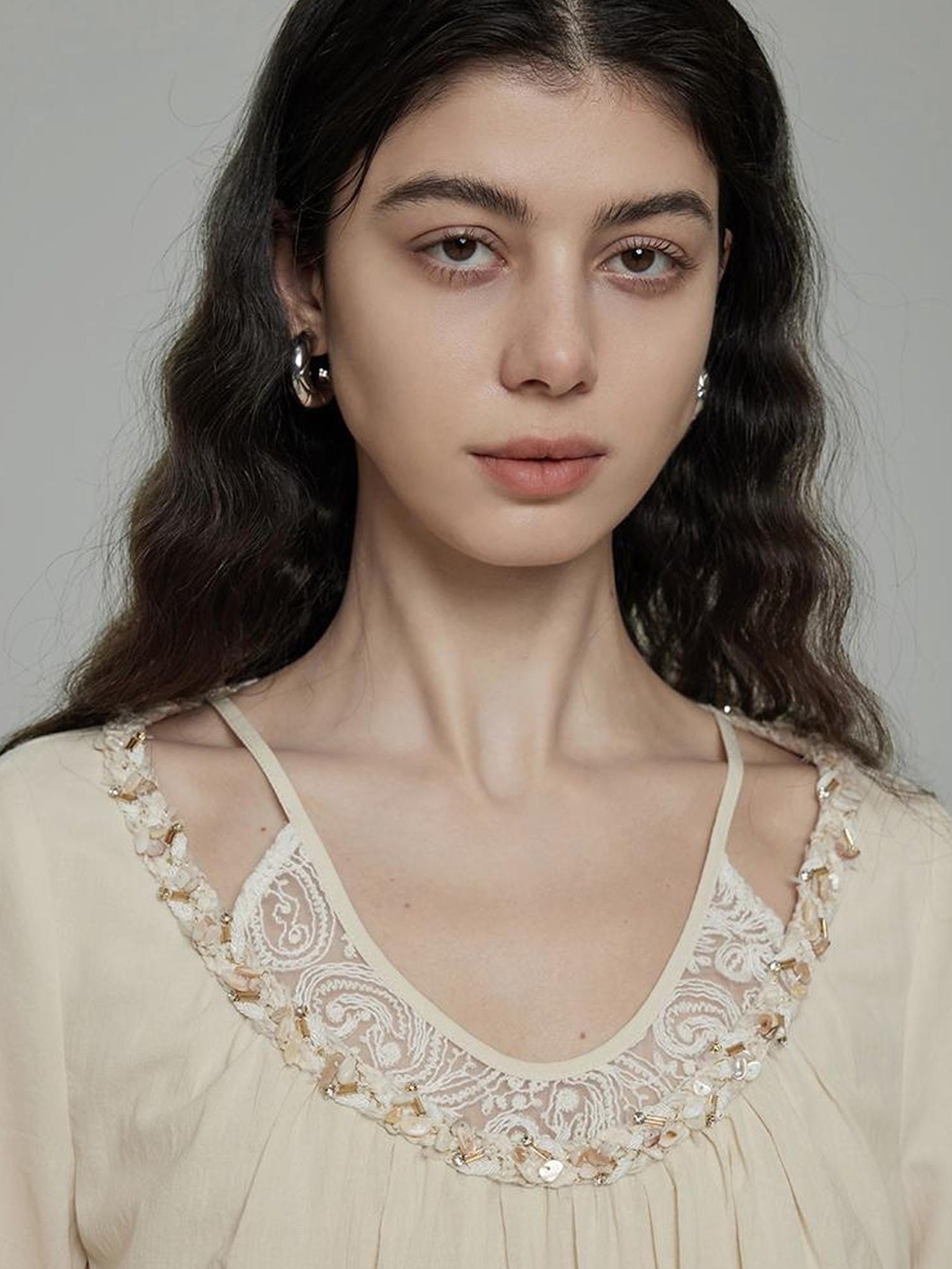 UNSPOKEN 100% Cotton Non Deforming Loose Round Neck Elbow Sleeve Women Beige Blouse