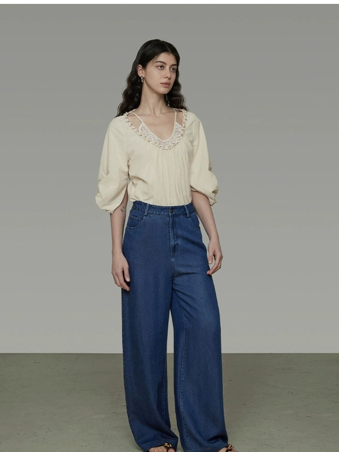 UNSPOKEN 100% Cotton Non Deforming Loose Round Neck Elbow Sleeve Women Beige Blouse