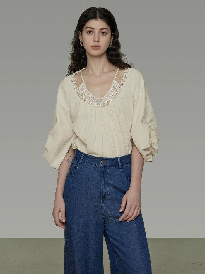 UNSPOKEN 100% Cotton Non Deforming Loose Round Neck Elbow Sleeve Women Beige Blouse