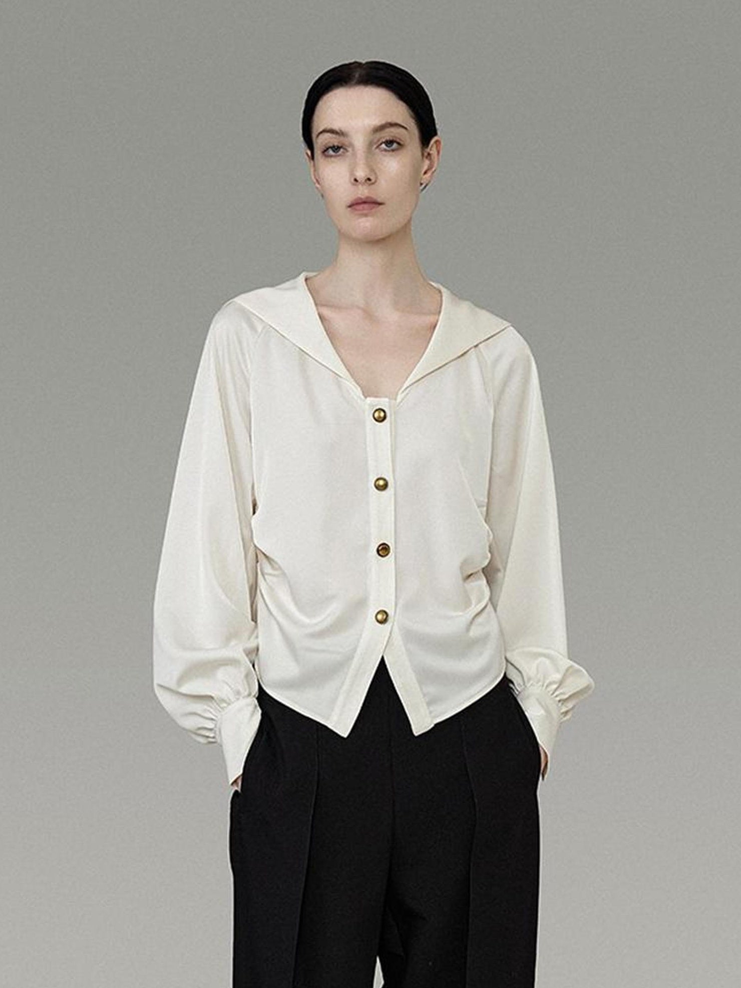 UNSPOKEN 100 Percent Polyester Off White Loose Sailor Collar Button Office Blouse