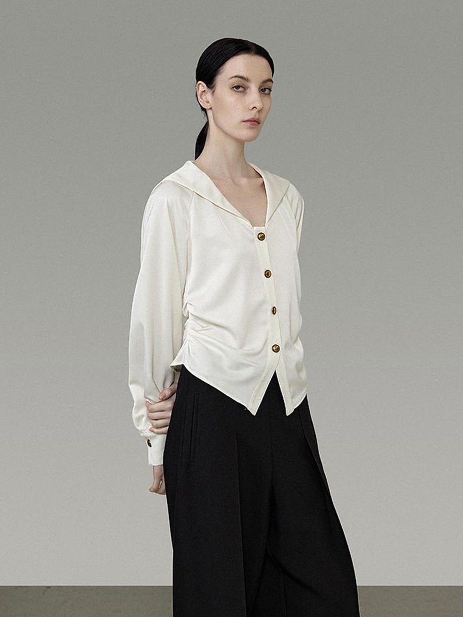 UNSPOKEN 100 Percent Polyester Off White Loose Sailor Collar Button Office Blouse