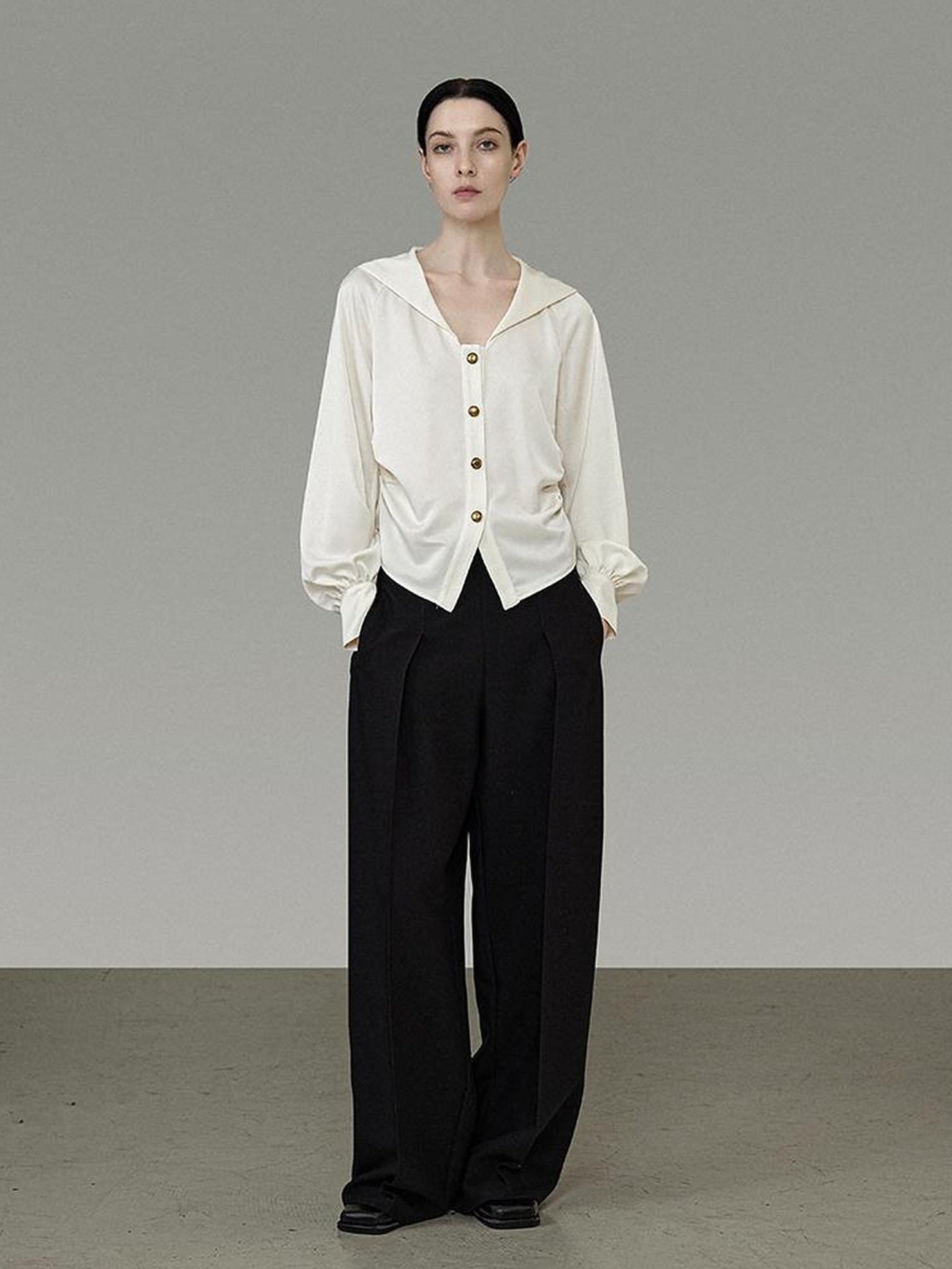 UNSPOKEN 100 Percent Polyester Off White Loose Sailor Collar Button Office Blouse