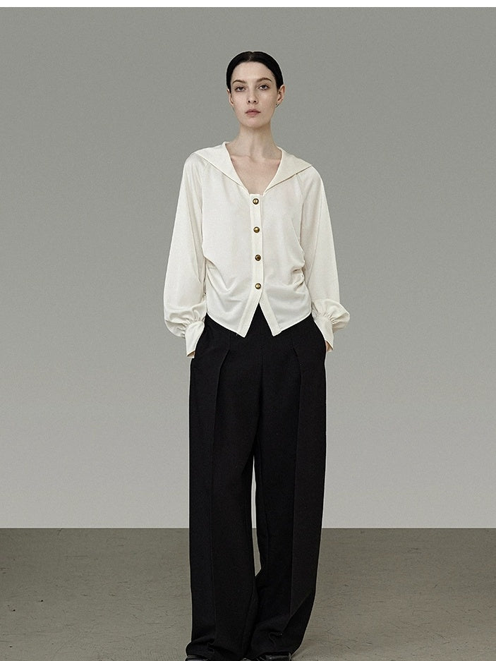 UNSPOKEN 100 Percent Polyester Off White Loose Sailor Collar Button Office Blouse