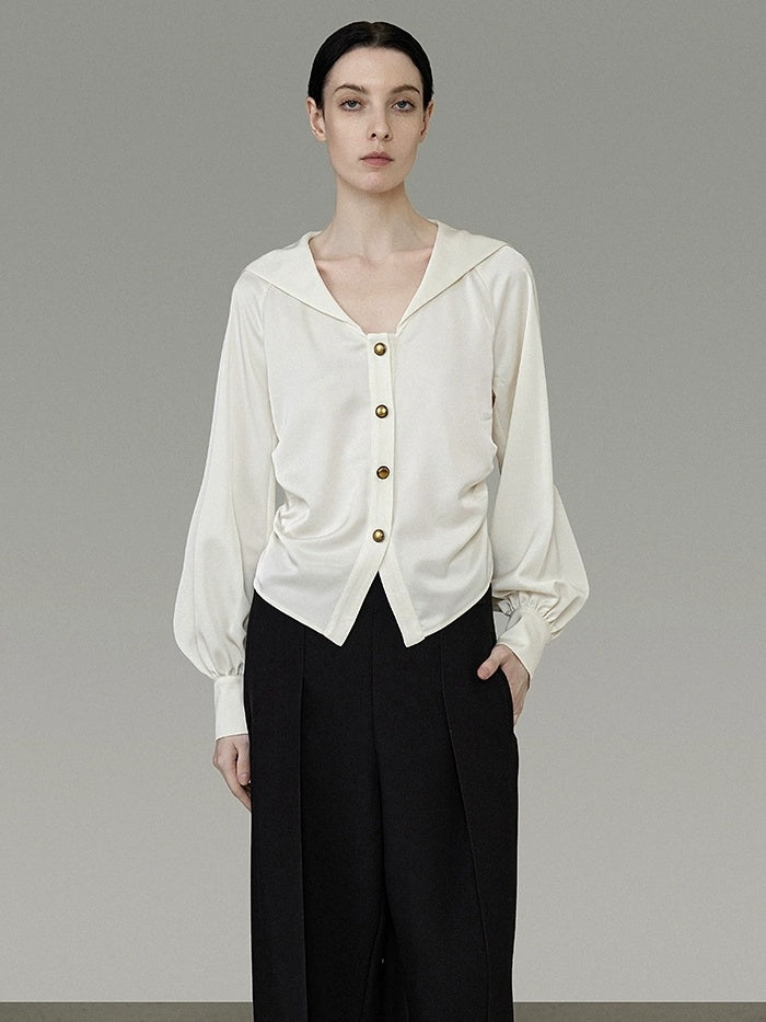 UNSPOKEN 100 Percent Polyester Off White Loose Sailor Collar Button Office Blouse