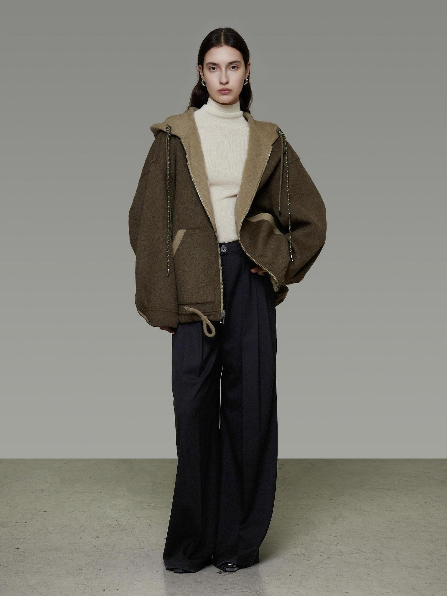 UNSPOKEN 100 Percent Wool Hooded Zip Up Loose Fit Minimalist Commuter 3D Cut Green Jacket