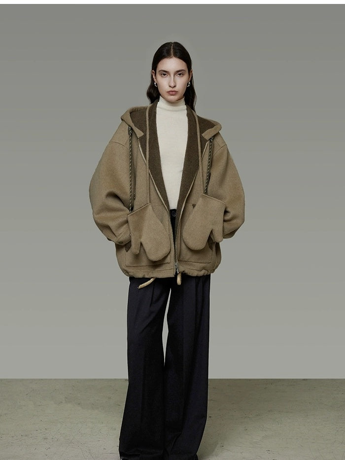 UNSPOKEN 100 Percent Wool Hooded Zip Up Loose Fit Minimalist Commuter 3D Cut Green Jacket