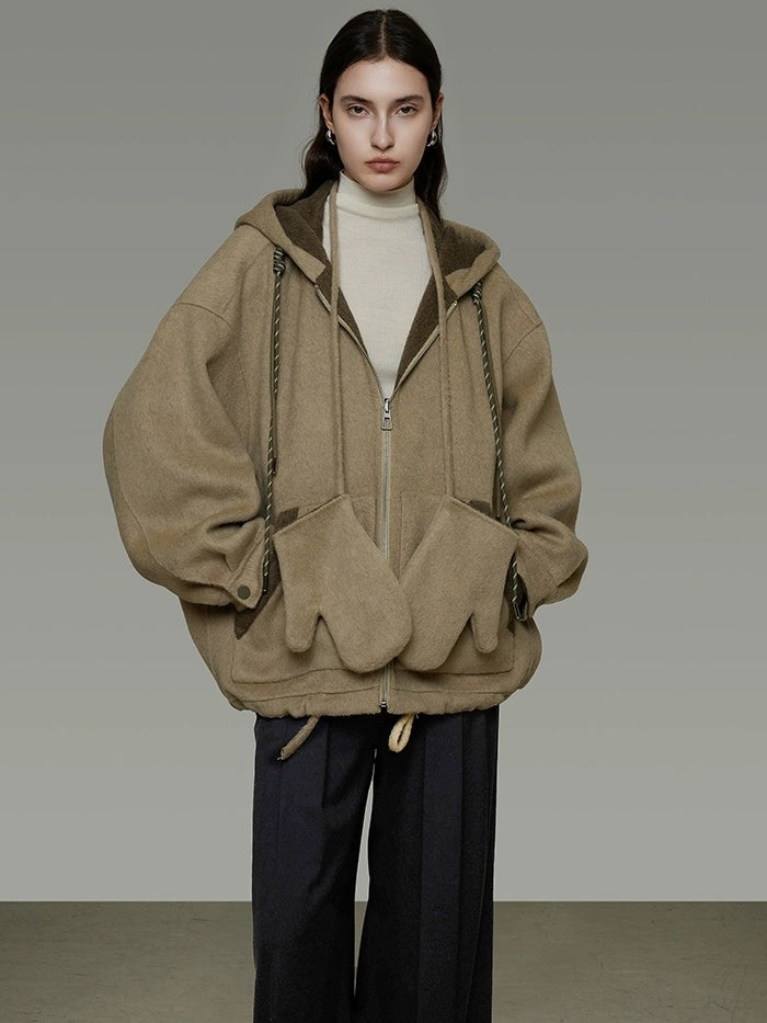 UNSPOKEN 100 Percent Wool Hooded Zip Up Loose Fit Minimalist Commuter 3D Cut Green Jacket