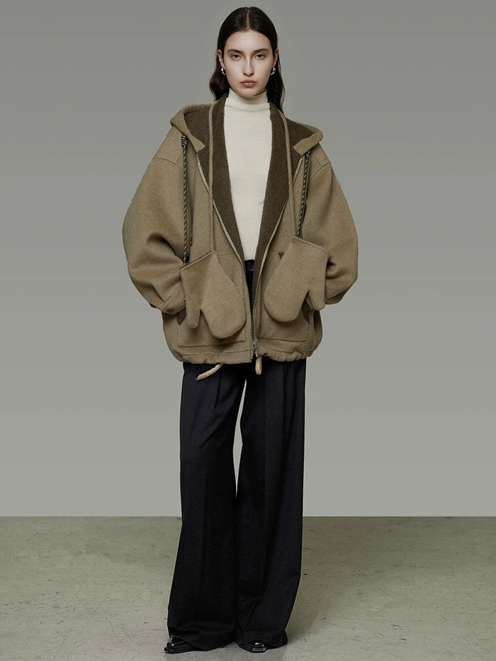 UNSPOKEN 100 Percent Wool Hooded Zip Up Loose Fit Minimalist Commuter 3D Cut Green Jacket