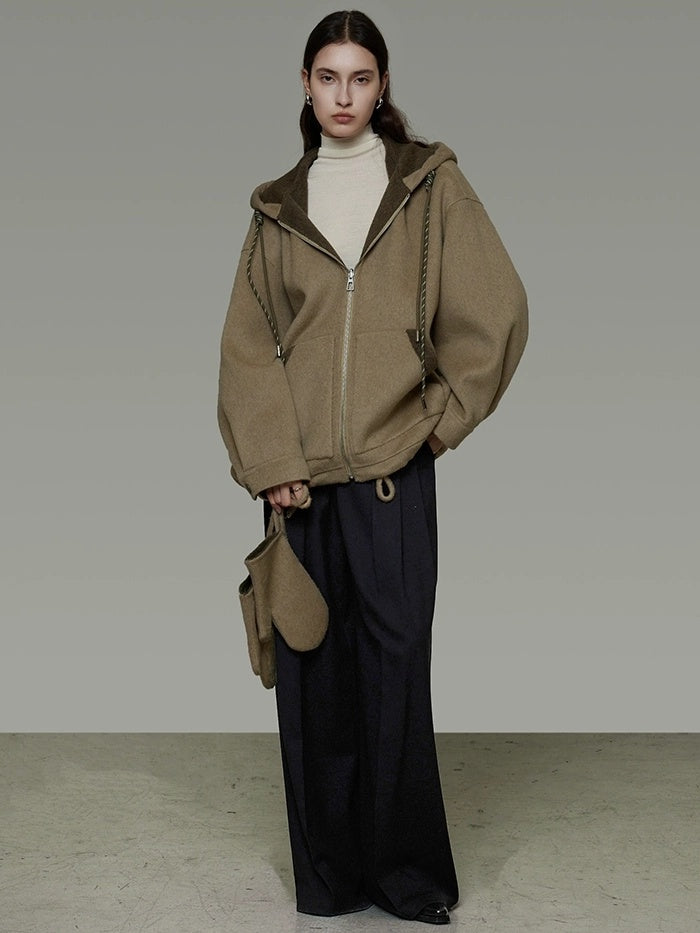 UNSPOKEN 100 Percent Wool Hooded Zip Up Loose Fit Minimalist Commuter 3D Cut Green Jacket