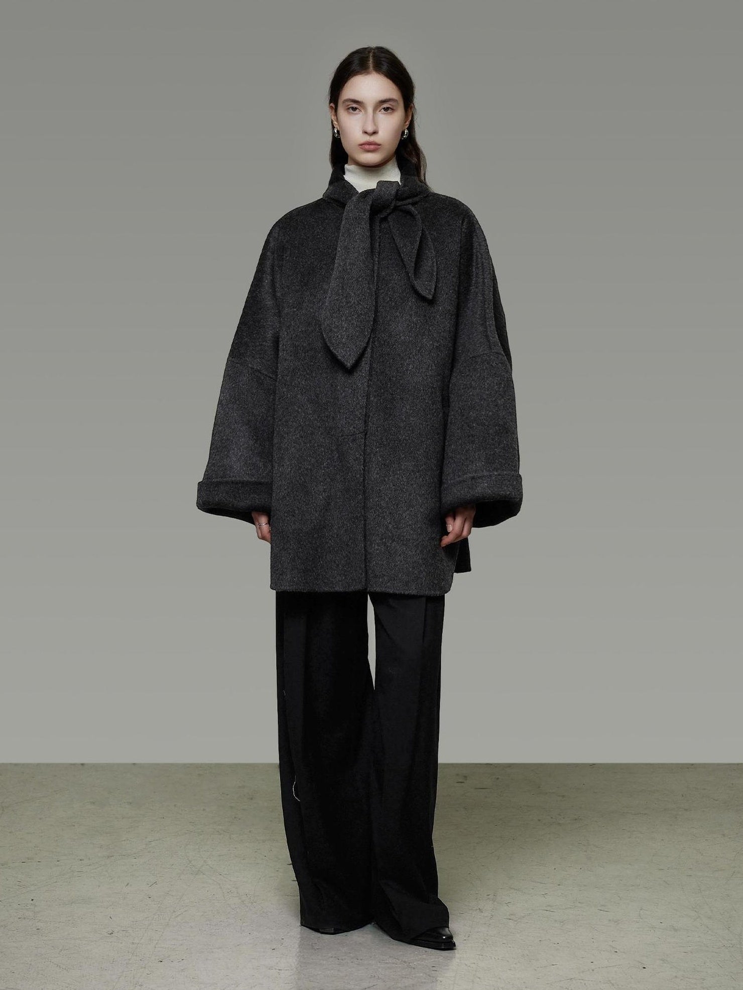 UNSPOKEN 100 Percent Wool Oversized Long Sleeve 3D Tailored Solid Dark Gray Women Coat