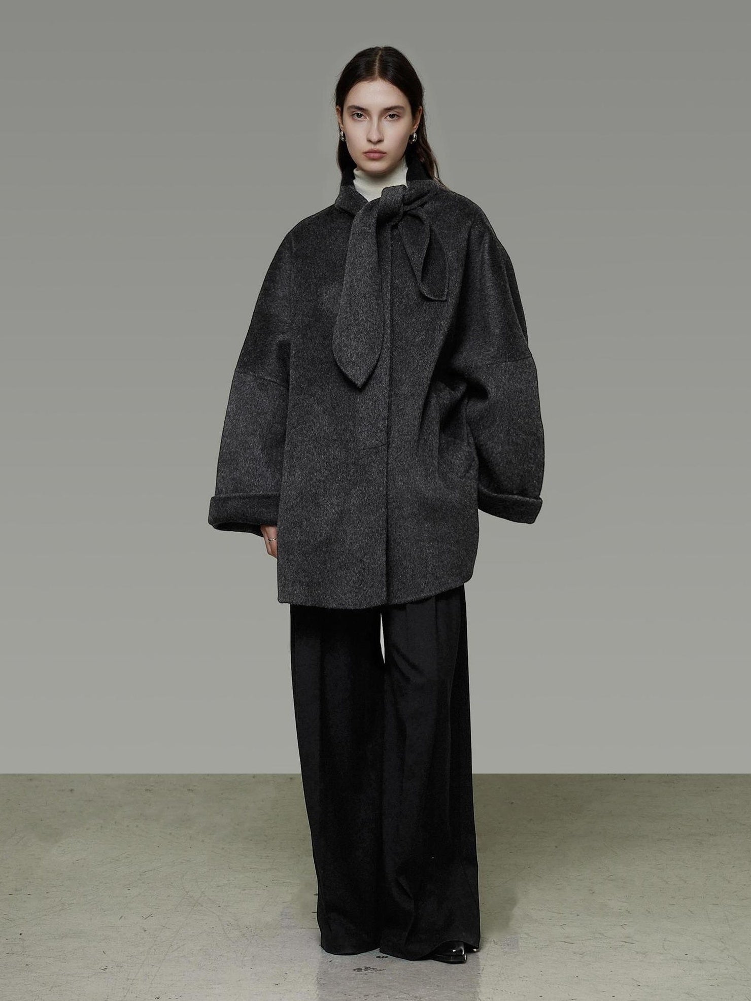 UNSPOKEN 100 Percent Wool Oversized Long Sleeve 3D Tailored Solid Dark Gray Women Coat