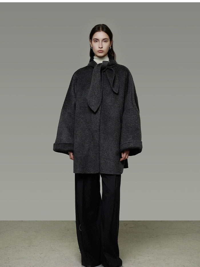 UNSPOKEN 100 Percent Wool Oversized Long Sleeve 3D Tailored Solid Dark Gray Women Coat