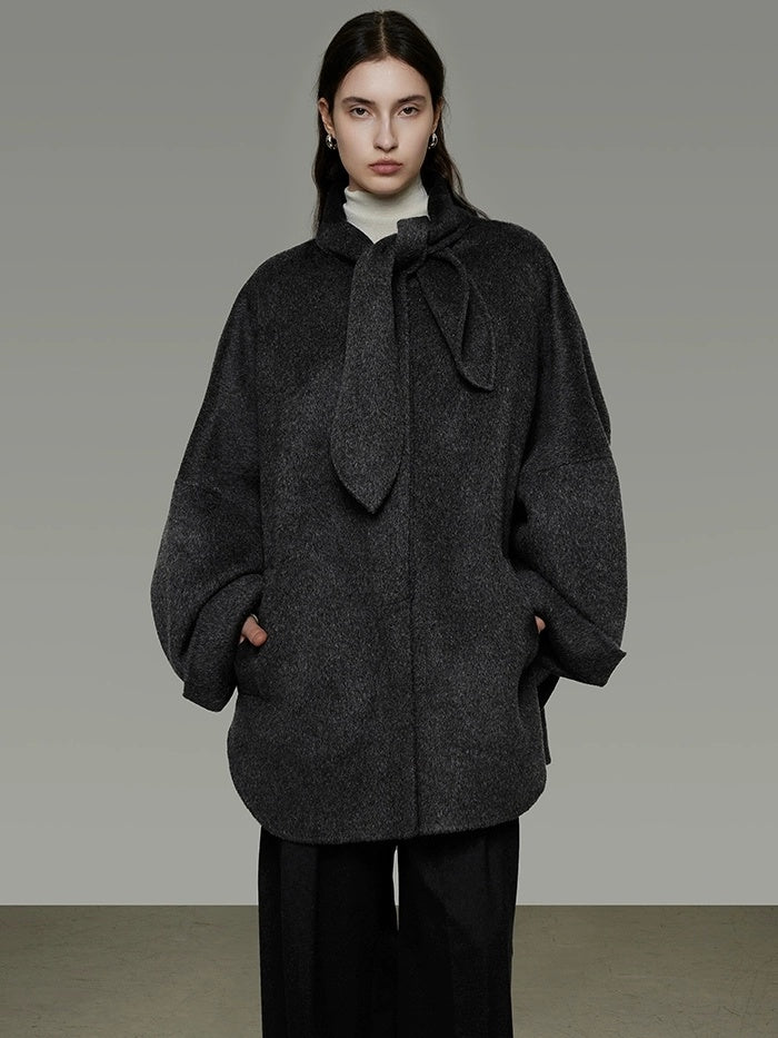 UNSPOKEN 100 Percent Wool Oversized Long Sleeve 3D Tailored Solid Dark Gray Women Coat