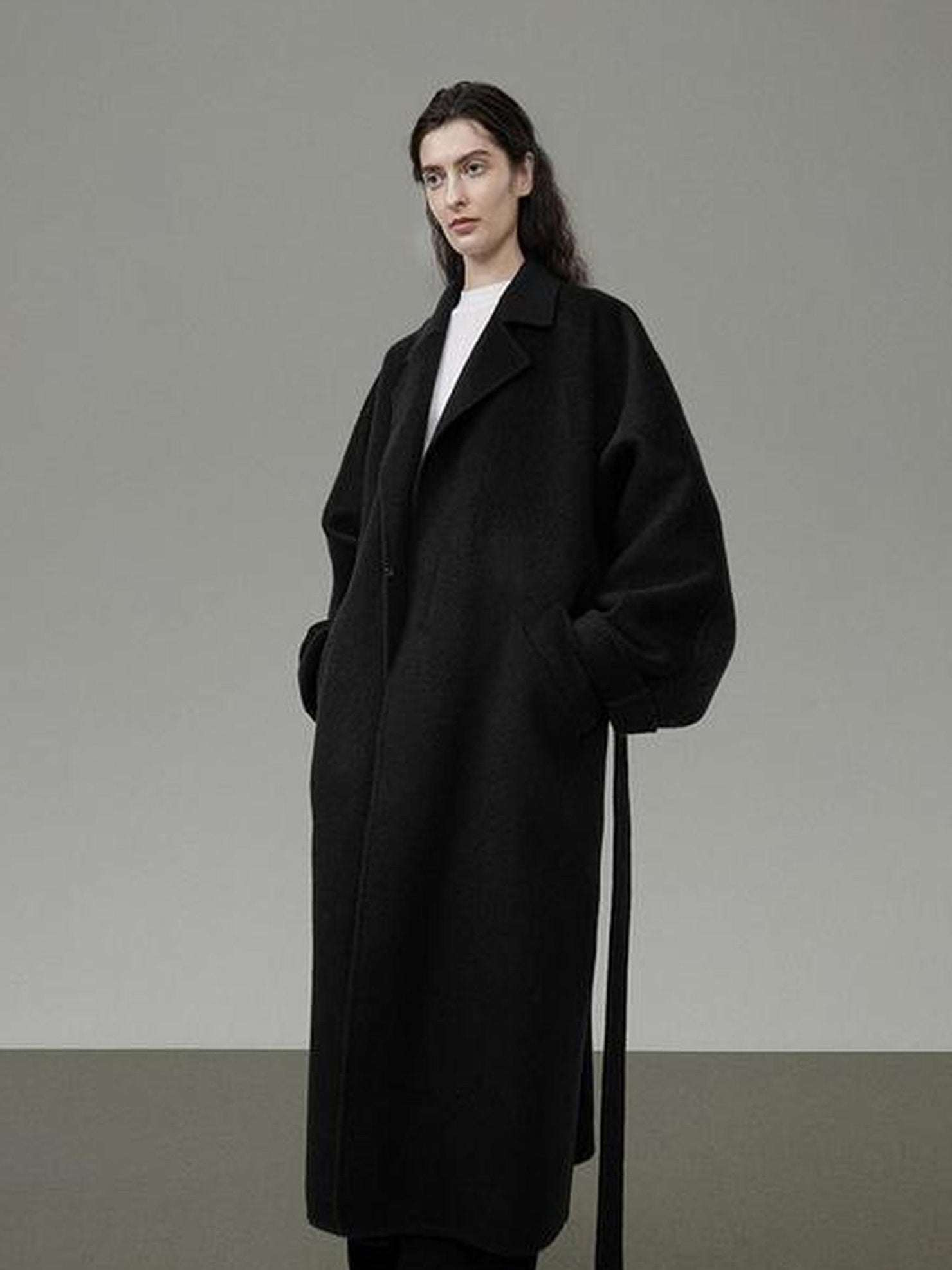 UNSPOKEN 100% Wool Belted Long Straight Minimal Commuter Black Poly Lined Coat