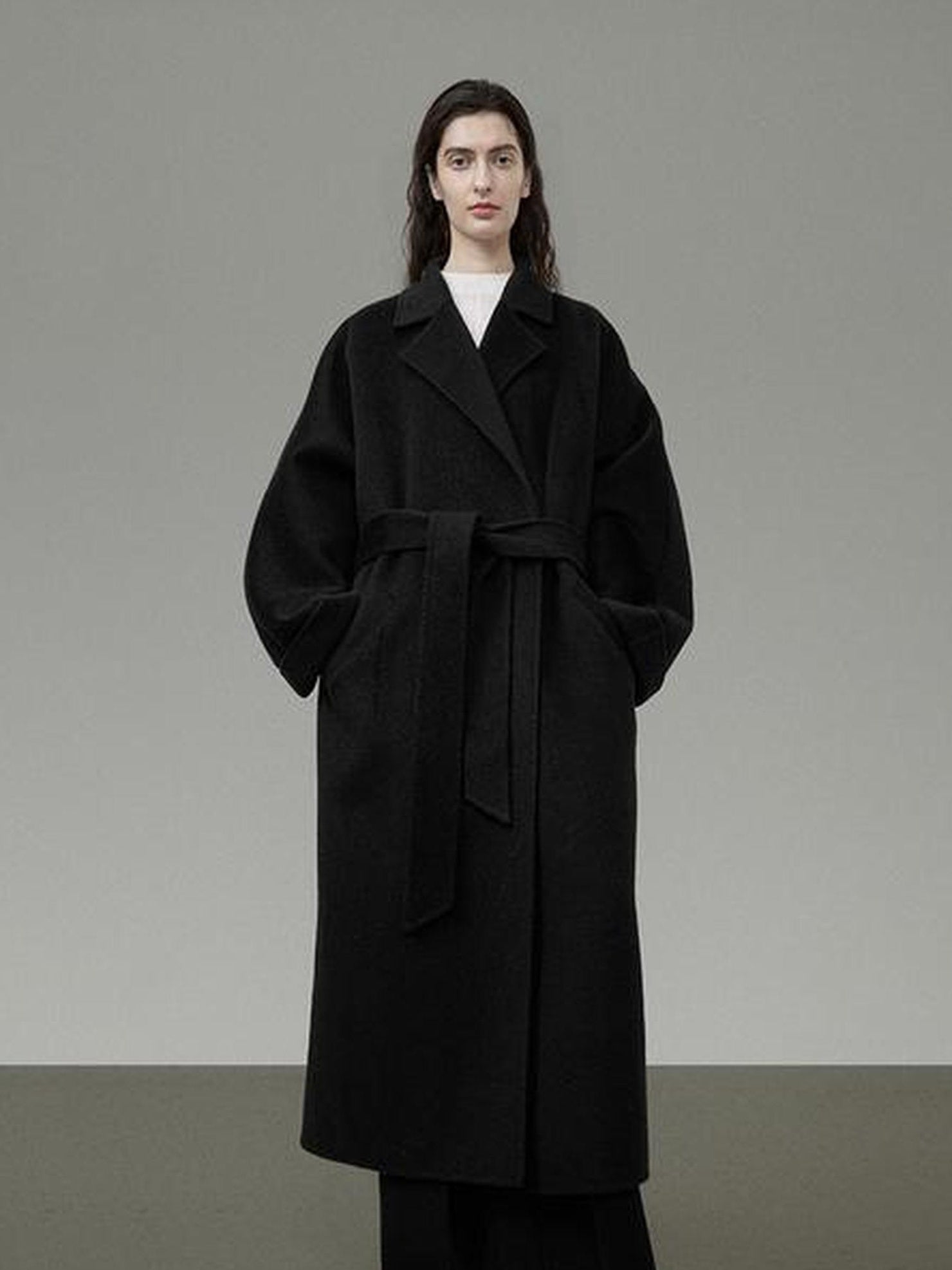 UNSPOKEN 100% Wool Belted Long Straight Minimal Commuter Black Poly Lined Coat