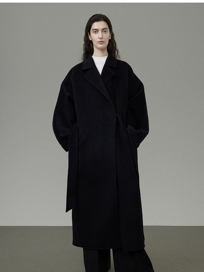 UNSPOKEN 100% Wool Belted Long Straight Minimal Commuter Black Poly Lined Coat