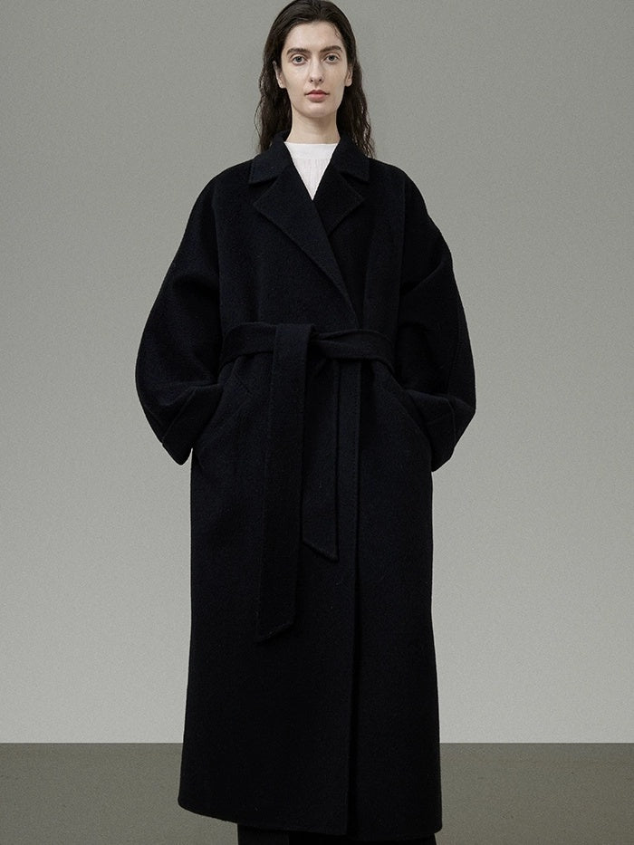UNSPOKEN 100% Wool Belted Long Straight Minimal Commuter Black Poly Lined Coat
