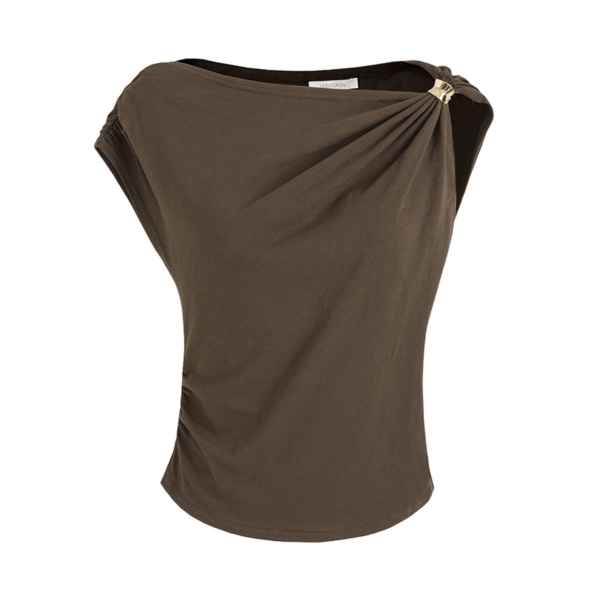 UNSPOKEN_3D_Embellished_Cotton_Blend_Slim_Asymmetric_Neck_Short_Sleeve_Solid_Brown_Blouse_MISSTT