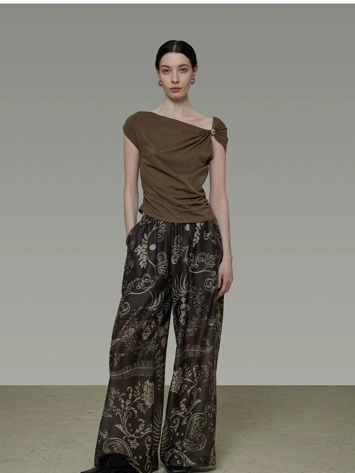 UNSPOKEN 3D Embellished Cotton Blend Slim Asymmetric Neck Short Sleeve Solid Brown Blouse