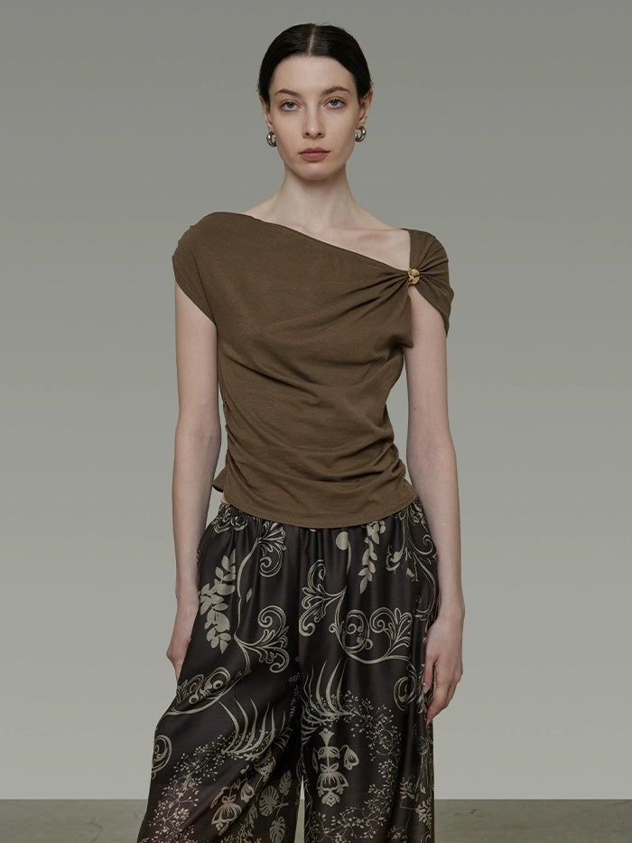 UNSPOKEN 3D Embellished Cotton Blend Slim Asymmetric Neck Short Sleeve Solid Brown Blouse