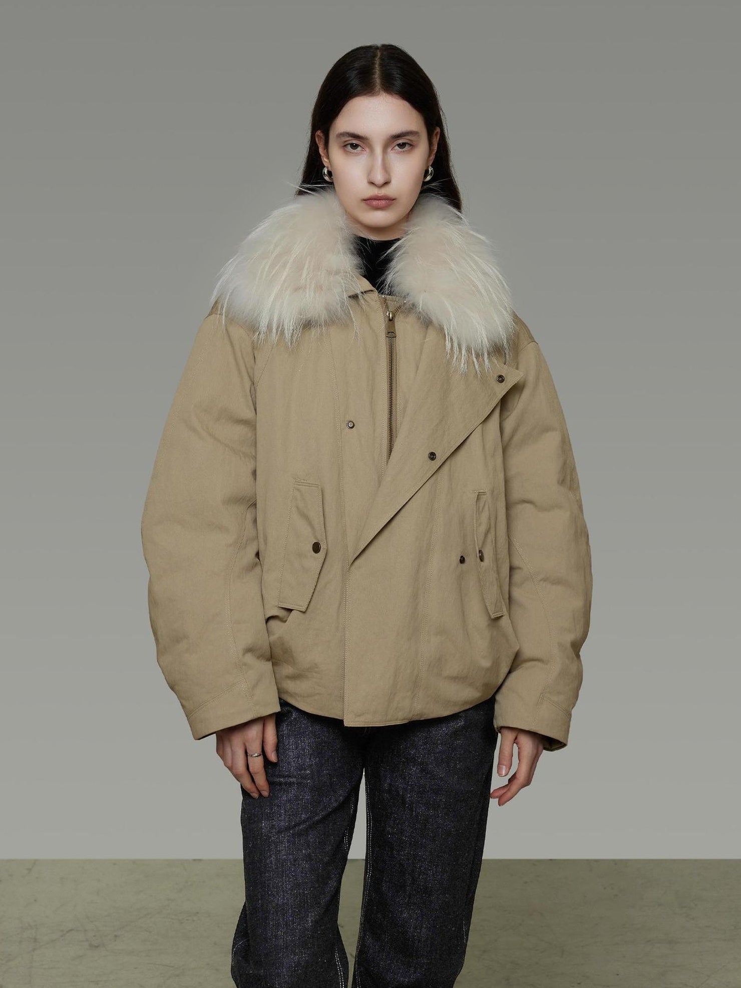 UNSPOKEN 90 Percent White Duck Down Commuter Loose Women White Fur Collar Zip Down Coat