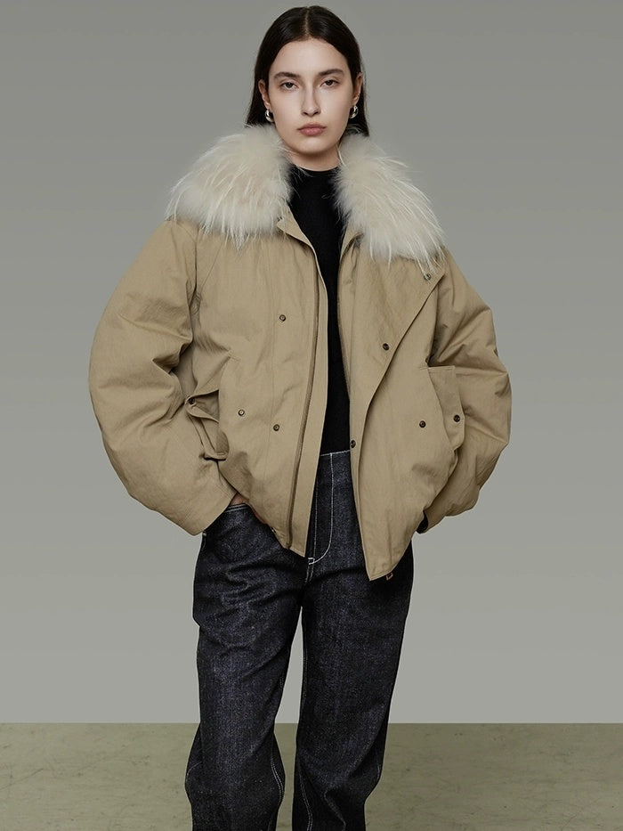 UNSPOKEN 90 Percent White Duck Down Commuter Loose Women White Fur Collar Zip Down Coat