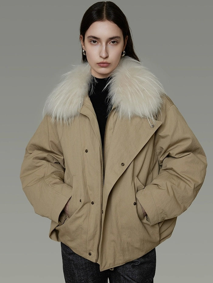 UNSPOKEN 90 Percent White Duck Down Commuter Loose Women White Fur Collar Zip Down Coat