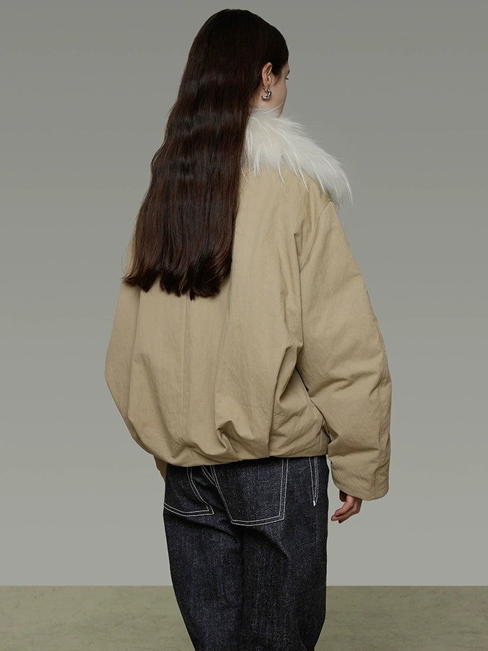 UNSPOKEN 90 Percent White Duck Down Commuter Loose Women White Fur Collar Zip Down Coat