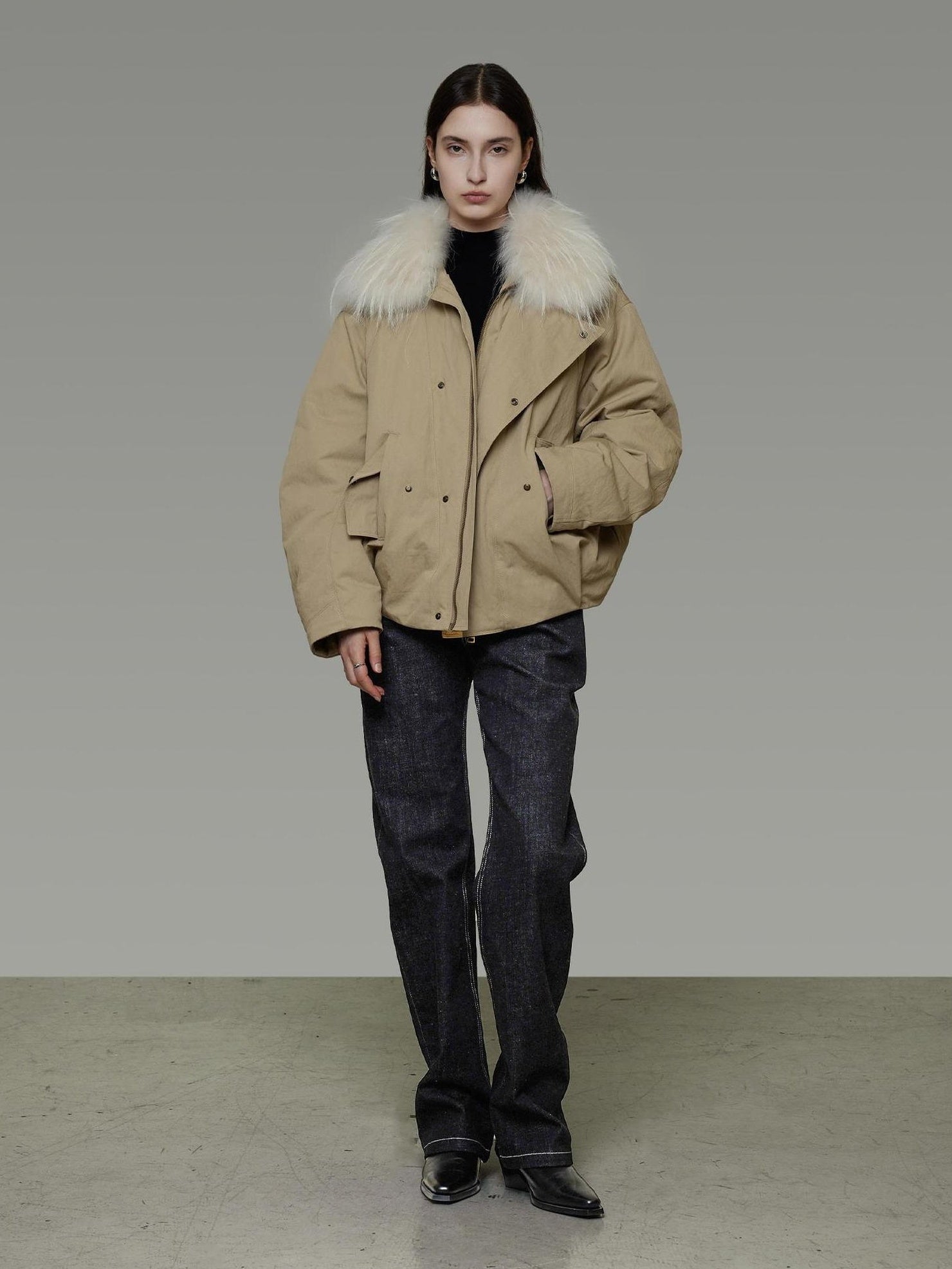 UNSPOKEN 90 Percent White Duck Down Commuter Loose Women White Fur Collar Zip Down Coat