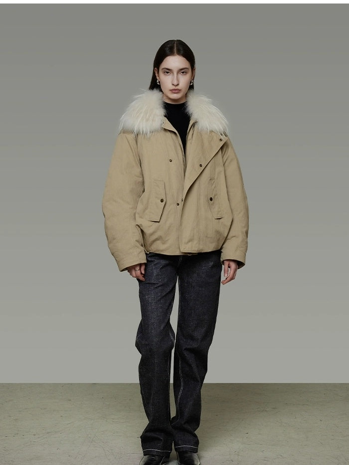 UNSPOKEN 90 Percent White Duck Down Commuter Loose Women White Fur Collar Zip Down Coat