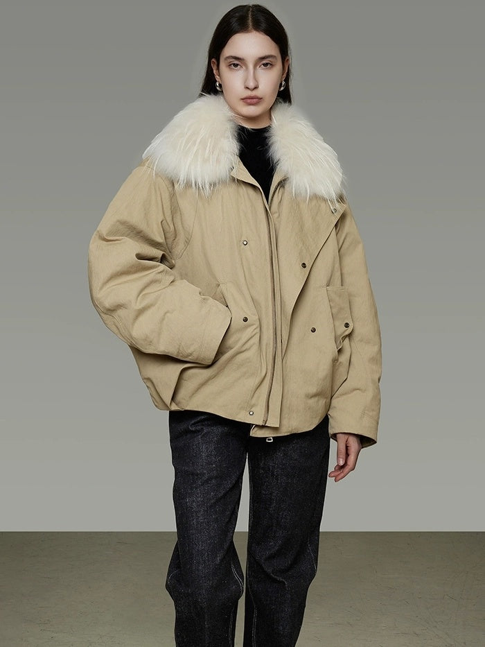 UNSPOKEN 90 Percent White Duck Down Commuter Loose Women White Fur Collar Zip Down Coat