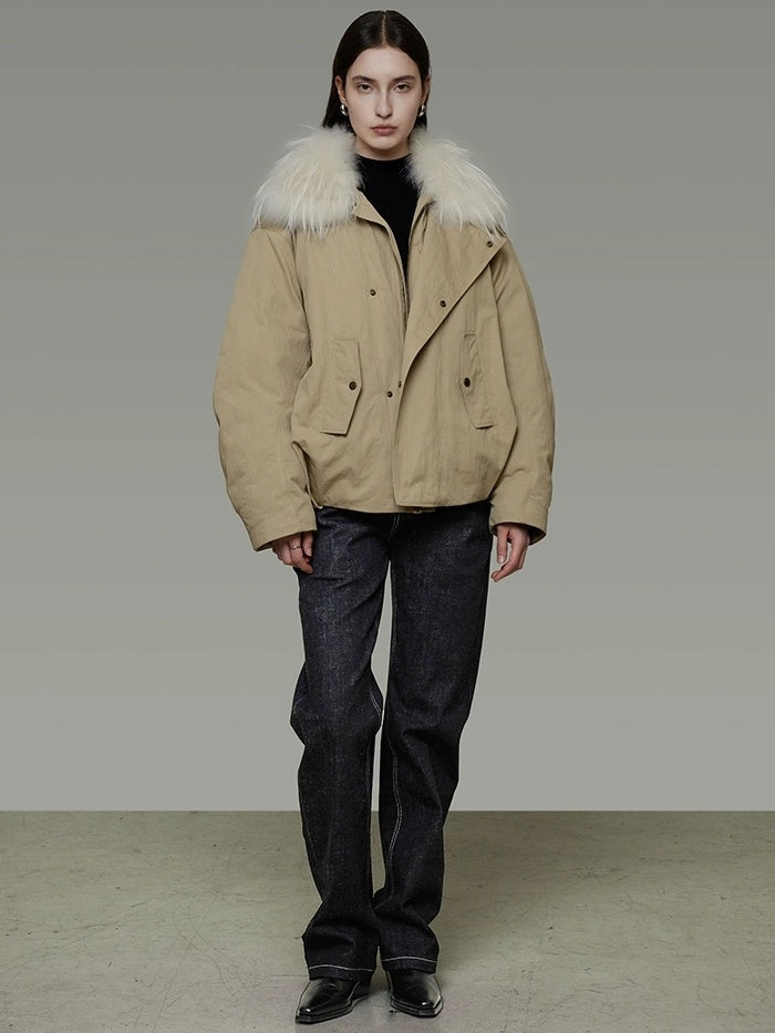 UNSPOKEN 90 Percent White Duck Down Commuter Loose Women White Fur Collar Zip Down Coat