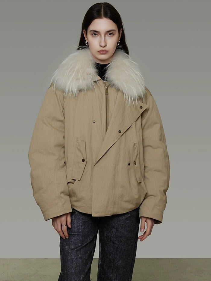 UNSPOKEN 90 Percent White Duck Down Commuter Loose Women White Fur Collar Zip Down Coat