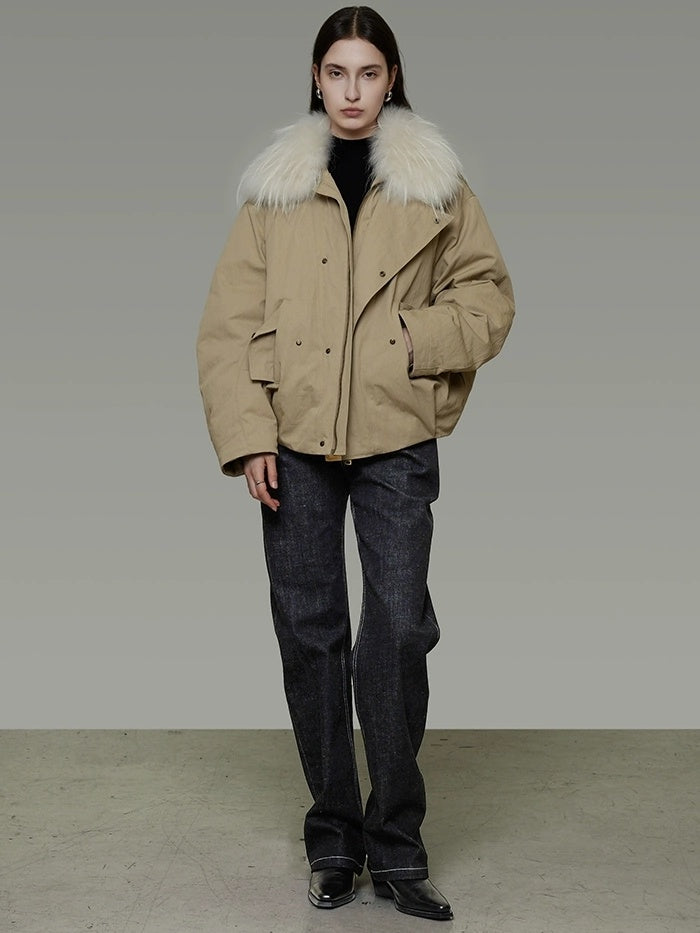 UNSPOKEN 90 Percent White Duck Down Commuter Loose Women White Fur Collar Zip Down Coat