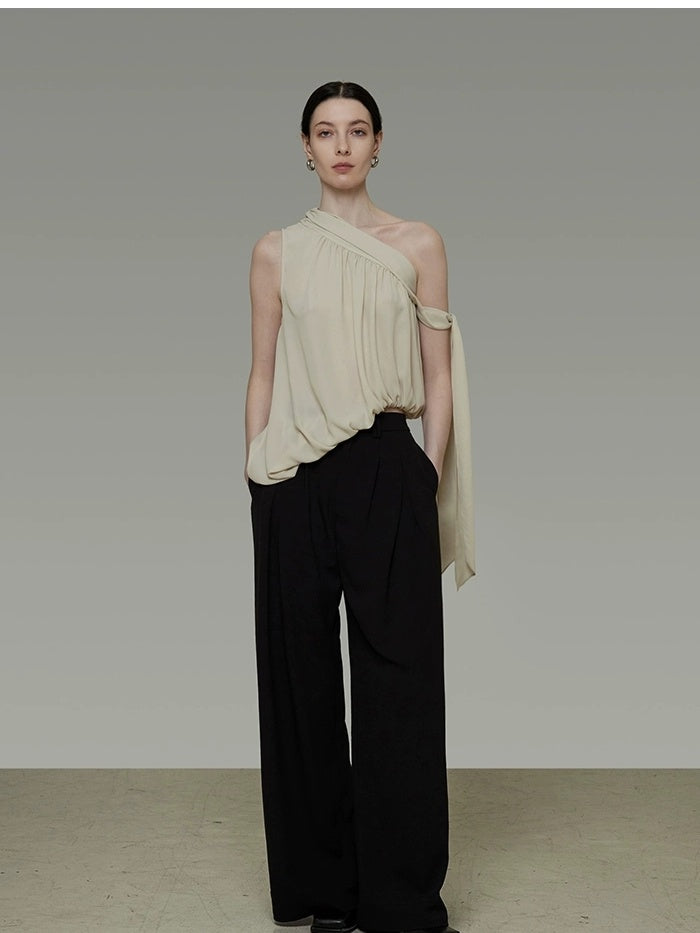 UNSPOKEN Asymmetric One Shoulder Loose Fit Commuter Casual Women Beige Gray Tank Top