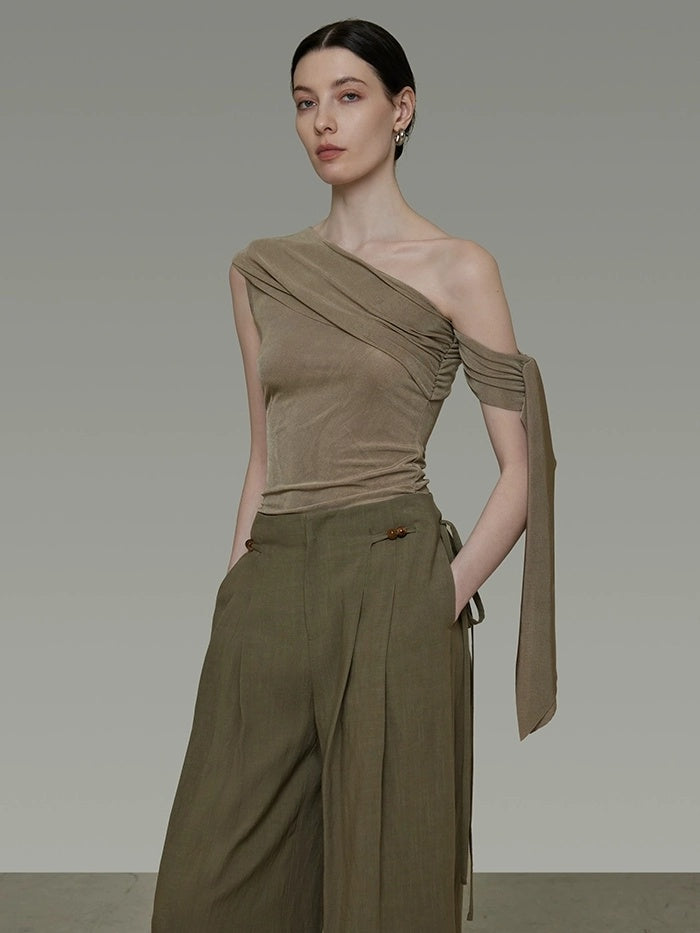 UNSPOKEN Asymmetrical Neckline Slim Fit Tie Detail Office Knit Polyester Tank Top