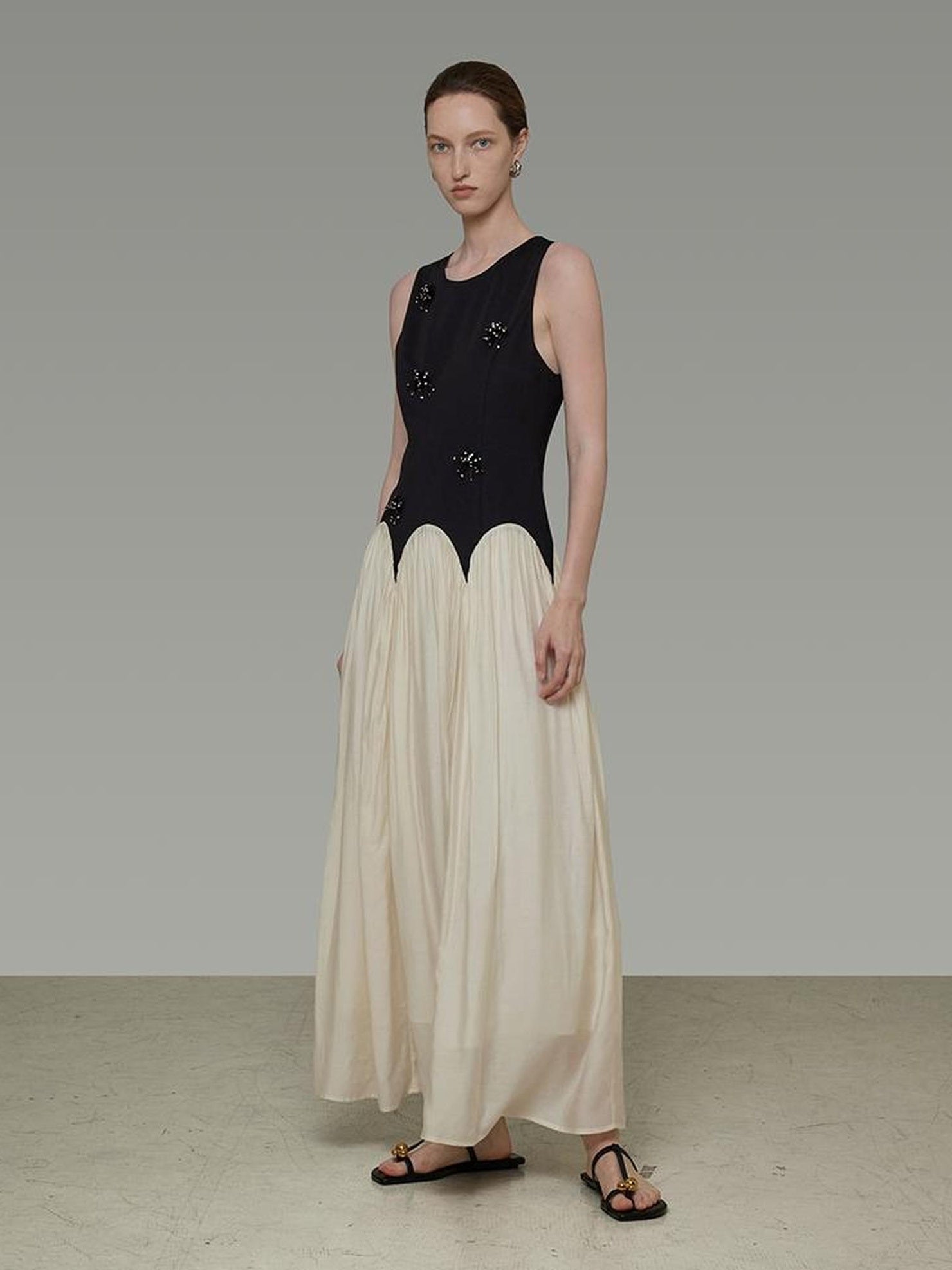 UNSPOKEN Beaded High Waist Minimalist A Line Sleeveless Office Polyester Dresses